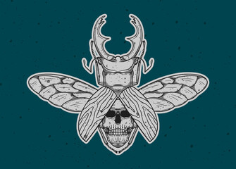 Fototapeta premium Hand Drawn Illustration of Stag beetle with skull and wings spread