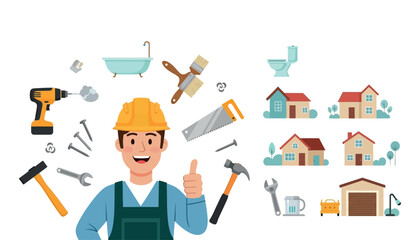 Vector art of construction worker giving thumbs up with tools and house icons