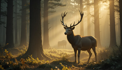 Majestic stag stands in a sunlit forest, creating a serene and peaceful scene