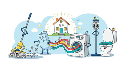 Vector art of cartoon characters of a mop, toilet, and washing machine cleaning a house