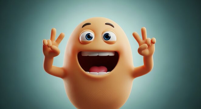 Joyful Egg Emoji: 3D Render with Peace Sign and Vibrant Expression