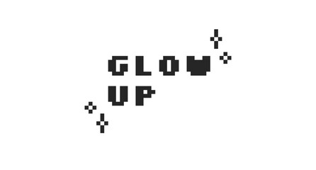 Glow up black pixel art social media slang word. Positive transformation. Gen z makeover lingo. Improvement self. 16 bit videogame text. Nostalgic internet typography. Silkscreen font used