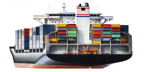 Large cargo ship with colorful containers isolated on a transparent background container vessel