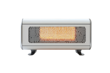 Portable radiant heater with glowing orange elements isolated on transparent background. Electric heater isolated on white background.
