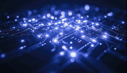 Futuristic blue glowing circuit board surface illuminated by bokeh lights for artificial intelligence, modern data security, digital networks, and innovative technology background