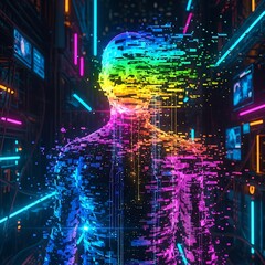 Obraz premium A digital human figure with a rainbow-colored head, dissolving into pixels, in a futuristic environment.