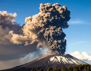 Volcanic eruption, ash column rising against a vibrant blue sky