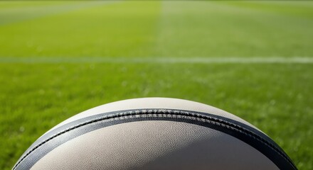Close-up of a Rugby Ball on a Vibrant Green Field with Blurred Lines