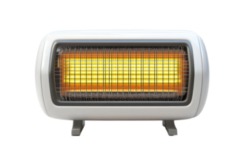 Portable radiant heater with glowing orange elements isolated on transparent background. Electric heater isolated on white background.