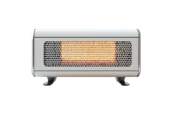 Portable radiant heater with glowing orange elements isolated on transparent background. Electric heater isolated on white background.