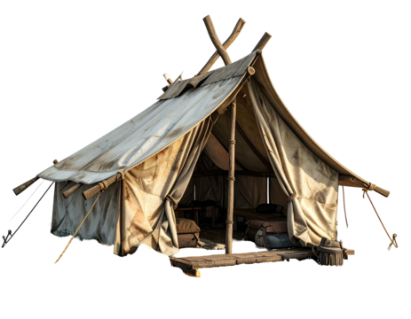 A rustic canvas tent with wooden supports, open entrance, inviting, inside