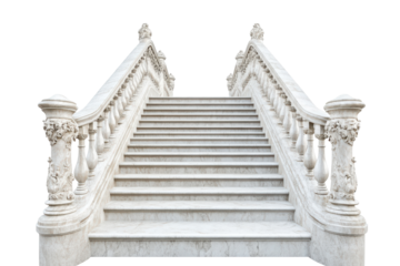 Ornate marble staircase with balustrade isolated on transparent background. Elegant marble staircase with ornate balustrade isolated on white background.