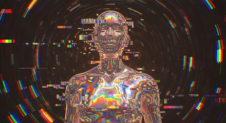 A futuristic chrome humanoid figure stands amidst a swirling vortex of digital glitch art and rainbow light refractions.