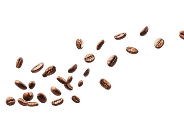 Obraz premium Scattered coffee beans in motion isolated on transparent background. Falling beans isolated on white background.
