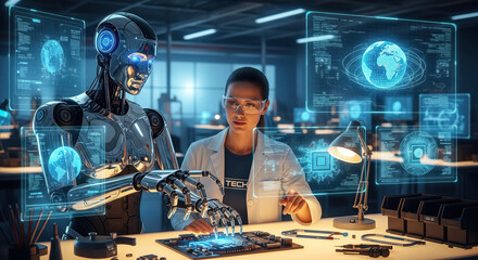 Female scientist and humanoid robot working together in futuristic lab, AI research concept with woman engineer and cyborg analyzing data on holographic screens