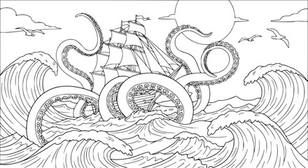 Nautical adventure: kraken tentacles embrace ship in ocean waves - coloring page design for kids