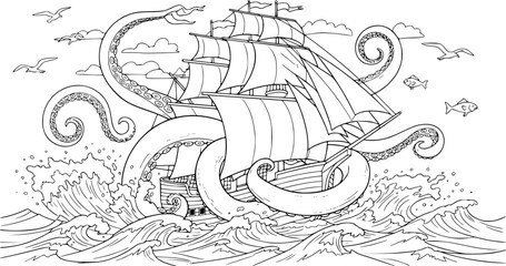 Nautical adventure: kraken tentacles embrace ship in ocean waves - coloring page design for kids