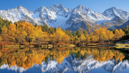 Fototapeta premium Autumnal mountain lake reflecting snow-capped peaks