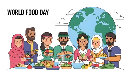 Diverse group of people celebrating World Food Day with a global focus on sharing food.