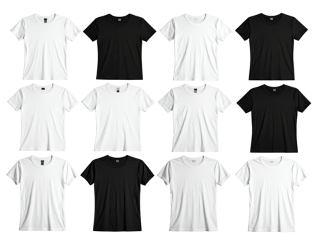 A grid layout of multiple short-sleeved, crew neck t-shirts in black and white