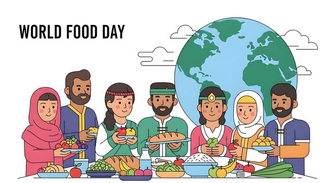 Diverse group of people celebrating World Food Day with a global focus on sharing food. - Powered by Adobe
