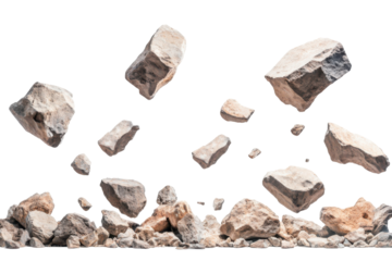 Collection of rough pink and grey mineral stones isolated on transparent background. Falling rocks isolated on white background.