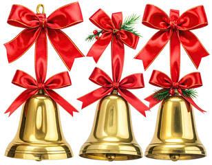 Golden bells with red satin bows, some with green sprigs, against black