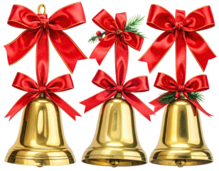 Golden bells with red satin bows, some with green sprigs, against black