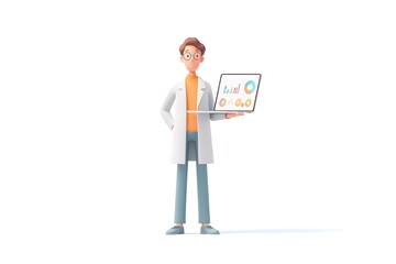 Fototapeta premium data scientist holding a laptop with colorful graphs and AI model predictions glowing above the screen, 3d animation, isolated on a white background,