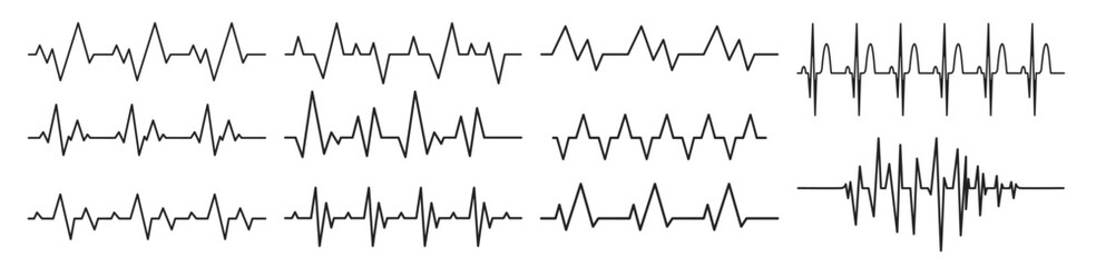 Heartbeat line, pulse, cardiogram, medical health care, heart rhythm, red outline vector set on transparent background