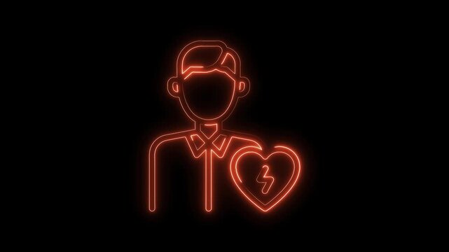Glowing neon man with heart and lightning on black background animating