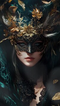 A woman wearing a mask with feathers on her head