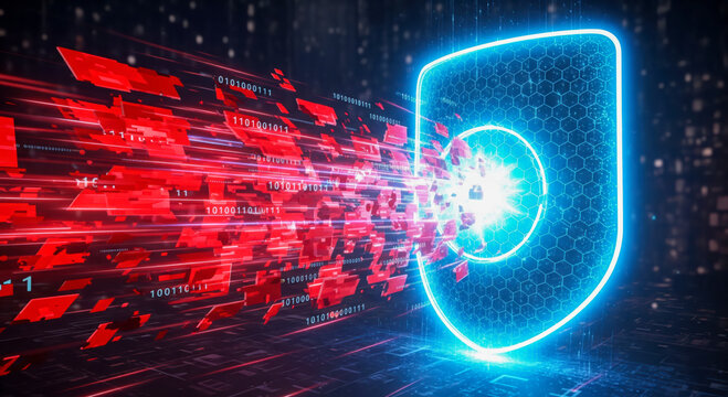 Cyber security concept with glowing shield protecting from data breach, abstract technology background showing firewall and antivirus software stopping malware attack