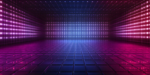 Vibrant digital space with glowing grid walls and reflective floor in purple and blue tones creating a sci-fi atmosphere