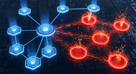 Cybersecurity concept with network under attack and data breach in progress. System vulnerability, firewall protection and internet security threat from hacker or malware virus
