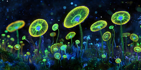 Surreal luminous mushrooms with neon green and yellow caps glowing in a magical night forest, surrounded by bioluminescent vegetation