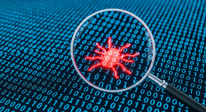 Cybersecurity concept with magnifying glass finding virus bug in binary code. Internet security, data protection and malware detection for computer system safety and analysis.