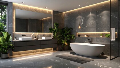 Luxurious modern bathroom with marble walls with bathtub  plants, and interior design concept.
