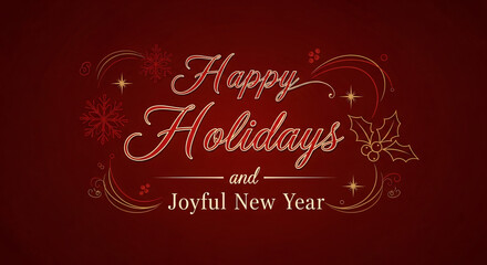 The image displays a festive holiday greeting with the text "Happy Holidays and Joyful New Year" in elegant gold and red script, adorned with winter-themed decorative elements like snowflakes and holl