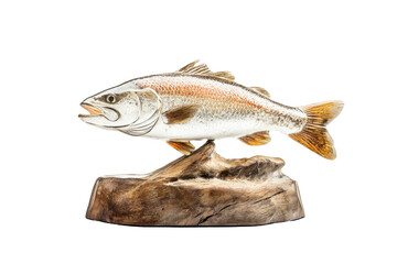 Naklejka premium Realistic fish sculpture on a textured base isolated on transparent background. Fishing trophy isolated on white background.