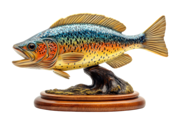 Detailed realistic fish sculpture on a wooden base isolated on transparent background. Fishing trophy isolated on white background.