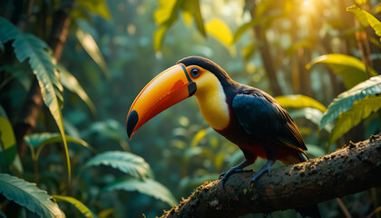 Vibrant toucan perched on a branch, bathed in sunlight in a tropical forest