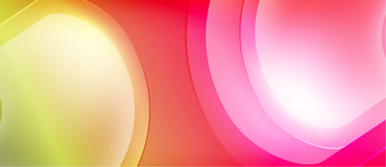 Abstract background features vibrant circles, gradients. Yellow, red, pink hues blend seamlessly creating modern design. Smooth transitions dominate composition.