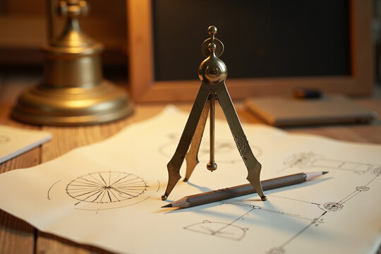 Drafting compass on architectural drawings with brass lamp in background