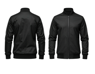 Front and back view of a black bomber jacket on a black background