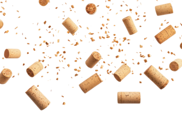 Small wooden cork pieces scattered isolated on transparent background. Flying falling wine corks isolated on white background.