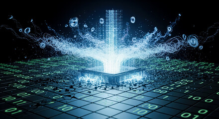 Big data processing from powerful cpu with glowing information stream, futuristic technology concept of artificial intelligence and high speed data flow from processor