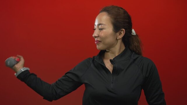 Young woman flexes right arm holding 1kg dumbbell in studio red backdrop wearing black zip top; fitness confidence.