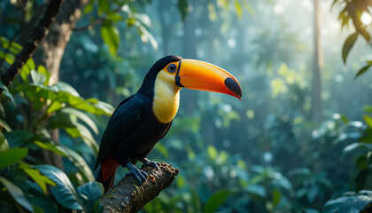 A colorful toucan perches on a branch in a sunlit tropical rainforest setting