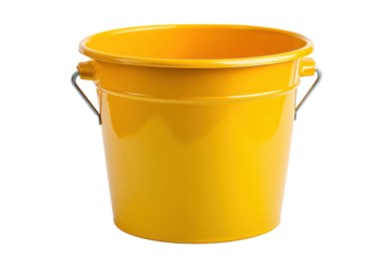 Bright yellow metal bucket with handles isolated on transparent background.